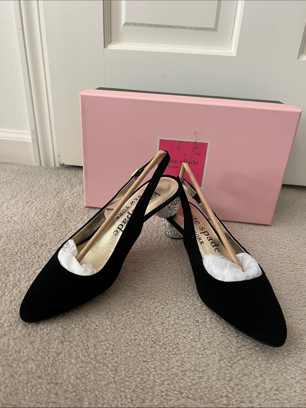 kate spade Black Suede Slingback Pumps with Crystal Heel